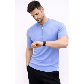 Resim Marsilyan- Erkek Kısa Kol Fitilli Triko T-Shirt Yazlık Hakim Yaka Tişört - Bebek Mavisi 