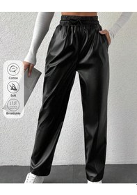 Resim Kene Jeans Kadın Siyah Beli İpli Deri Jeans Siyah 