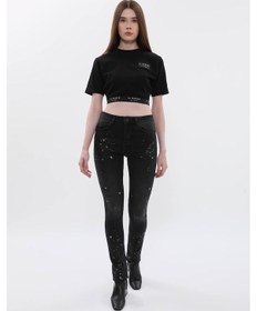 Resim Kadın Yüksek Bel Skinny Fit Dar Paça Benekli Füme Jean Pantolon Çok Renkli 