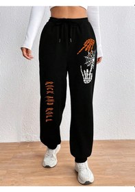 Resim Halloween Skeleton Hand & Letter Graphic Drawstring Waist 4 Mevsim Eşofman Siyah 