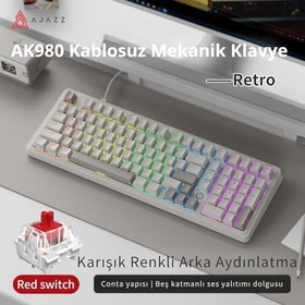 Resim Coverzone Kablolu Mekanik Oyun Klavyesi - Rainbow Aydınlatma - Hot Swap | Ajazz AK980 Krem - Red Switch 