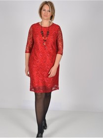Resim Nidya Moda Büyük Beden Midi Kolelbise-4009Bdk Kırmızı 