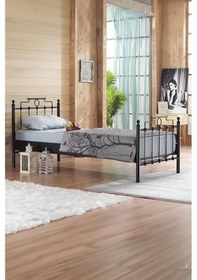 Resim Hatkus Tek Kişilik Ferforje Metal Karyola-siyah Ahşap Latalı 