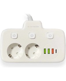 Resim Vothoon Akım Korumalı 2'li Ayrı Anahtarlı Priz, 2x Priz, 3x USB, 1x Type-C, 2 mt Kablo, Hızlı Şarj 