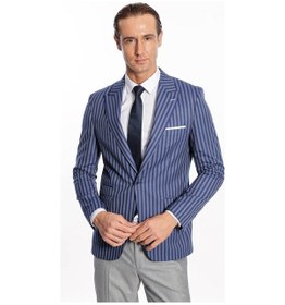 Resim Wessi Çizgili Slim Fit Mavi Erkek Ceket Siyah 