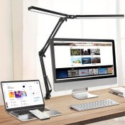 Resim 2'si 1 Arada Ultra Geniş Çift Kafa LED Masa Lambası, Kelepçeli Metal Salıncak Kol Masa Lambası, 3 Renk Modu, 10 Kademesiz Kısılabilir, USB Güçlü, Buton Kontrolü, İç Mekan Kullanımı, Ev Ofis Okuma ve Bilgisayar Ekranı Aydınlatması için 