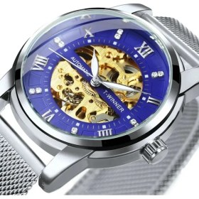 Resim Hanyang Gümüş-Mavı Kazanan Siyah Otomatik Mekanik Saat Erkekler Için Moda Elmas Kadran Aydınlık Örgü Paslanmaz Çelik Kayış Reloj Hombre (Yurt Dışından) 