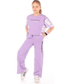 Resim Toontoy Kids Toontoy Kız Çocuk 2'li Takım Baskılı Kısa Kollu Sweatshirt & Beli Lastikli Yırtmaçlı Bol Paça Eşofman Altı - 30/1 Penye Lila 