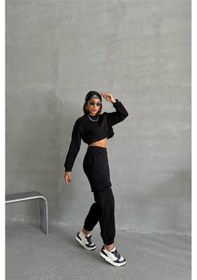 Resim Dip Moda Kadın Bisiklet Yaka Crop Eşofman Takımı Dpnbg041 Siyah 