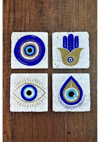 Resim Baskılı Doğal Taş Bardak Altlığı 4'lü Set 10x10x1 Cm Nazar Boncuğu Desenli - Stone Coasters Çok Renkli 