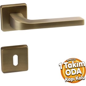 Resim Badem10 Tog Antik Sarı Oda Kapı Kolu Kare Rozetli Sürgülü ve Çelik Kapı Kulpu Uyumlu Sağ Sol Uygun Kolları 
