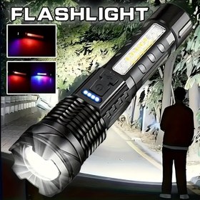 Resim 1 adet Taşınabilir El Tipi LED El Feneri, USB Şarj Edilebilir Acil Durum Feneri, COB Yan Işık ile, 6 Modlu Yakınlaştırılabilir Ev Aydınlatması, Güç Ekran Tasarımı ile Yakınlaştırılabilir İş Işıkları, Ev, Seyahat, Balıkçılık, Barbekü için Uygun 