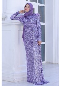 Resim Raika Moda Parıltılı Kol Tüy Detaylı Şura Tesettür Büyük Abiye Lavanta 