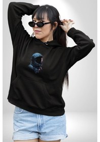 Resim Uzay Boşluğuda Astonot Kadın Erkek Siyah Kapüşonlu Sweatshirt Hoodie Siyah 