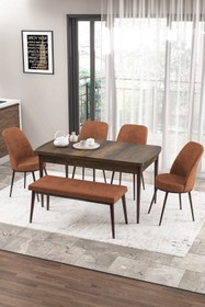 Resim Canisa Zen Serisi 80x132 Mdf Açılabilir Barok Ahşap Desen Masa Takımı 4 Kiremit Sandalye Ve 1 Bench 