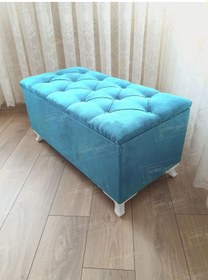 Resim Lüks Sandıklı Kapitoneli Ayakucu Puf Bench 100 Cm Beyaz Ayak Turkuaz 