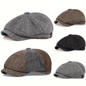 Resim Erkekler için Retro Herringbone Düz Şapka - Siyah Rahat Beret, Vintage Tarzı, Örgü Polyester, Sevgililer Günü, Her Gün Başlık | Vintage Düz Şapka | Örgü Dokusu 