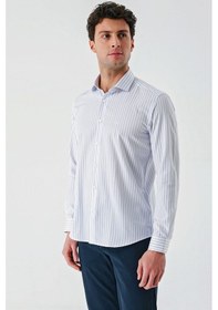 Resim İmza Beyaz Uzun Kollu Çizgili Armürlü Cepsiz Pamuklu Klasik Slim Fit Dar Kesim Gömlek 1004240229-beyaz Beyaz 