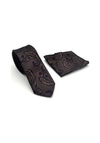 Resim Gaffy Kahverengi Şal Desenli Lacivert Dokuma Kumaş Mendilli Slim Fit Kravat // Sdk-2606-2 Lacivert 