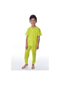 Resim Bunny Hopp %100 Pamuk Süprem Penye Kumaş Düğmeli Sade Düz Renk Terletmeyen Erkek Çocuk Pijama Takımı Fıstık Yeşili 