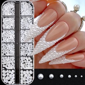 Resim [12 adet Beyaz Yarım Yuvarlak İnci Tırnak Sanatı Sihirleri] 12 adet Beyaz Tırnak Sanatı Sihirleri, Yarım Yuvarlak 3D Renkli Taşlar, Düşük Alerji Karma Boyutlar, DIY Tırnak Dekorasyon Aksesuarları 