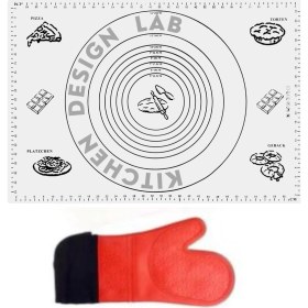 Resim Kitchen Design Lab 2'li Set Beyaz 45X65 cm Silikon Hamur Açma Matı ve Kırmızı Silikon Yanmaz Mutfak Fırın Eldiveni 