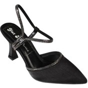 Resim Yazkış Kadın Ten Gümüş Siyah Saten Bilekten Taşlı 9cm Şamdan Topuk Sivri Burun Abiye Ayakkabı Siyah 