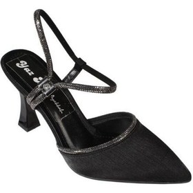 Resim Yazkış Kadın Ten Gümüş Siyah Saten Bilekten Taşlı 9cm Şamdan Topuk Sivri Burun Abiye Ayakkabı Siyah 