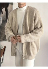 Resim Tarz Cool Erkek Regular Fit Düğmeli V Yaka Triko Hırka Taş 