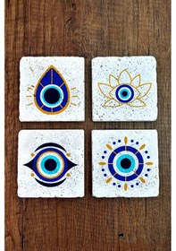 Resim Doğal Taş Bardak Altlığı 4'lü Set 10x10x1 Cm Nazar Boncuğu Desenli - Evileye Stone Coasters Çok Renkli 