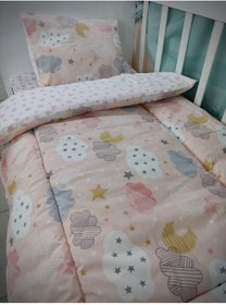 Resim Bebek Özel Pamuklu Çocuk 70x160 Beşik Yastık Çarşaf Yorgan Somon Ay Bulut Pembe Yıldızlı (Yorganlı) 