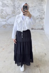 Resim Rahat Kesim Beli Lastikli Kat Kat Uzun Etek 5213 - Siyah - Siyah / L-XL 