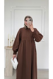 Resim Molly Nelly Kadın Uzun Yazlık Muslin Düğmeli Tesettür Elbise 