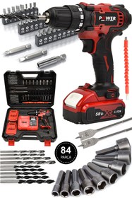 Resim POWER BLACK 58 Vf 5 Ah Metal Şanzıman Çift Akülü Şarjlı Matkap 84 Parça Akülü Vidalama Set 