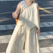 Resim Yeni Yaz Seti Kızlar İçin, Kolsuz Dantel Üst ve Rahat Geniş Bacaklı Pantolon, İki Parça Kıyafet, Dış Mekan İçin 