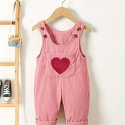 Resim 1 adet Kızlar için Kalın Kumaşlı Tulum, Kalp Nakışlı - Pembe Düğmeli Romper Tulum, Kabartılı Dokuma, Esnek Bel, Bahar ve Sonbahar Rahat Kıyafet, Gençler için Mükemmel, Dış Mekan İçin 