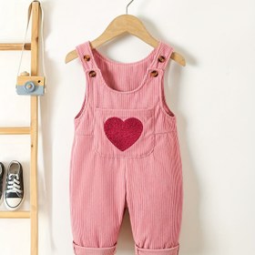 Resim 1 adet Kızlar için Kalın Kumaşlı Tulum, Kalp Nakışlı - Pembe Düğmeli Romper Tulum, Kabartılı Dokuma, Esnek Bel, Bahar ve Sonbahar Rahat Kıyafet, Gençler için Mükemmel, Dış Mekan İçin 