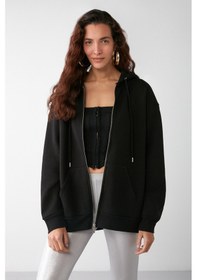 Resim Grimelange Alena Kadın Basic Kanguru Cepli Oversize Organik Pamuk Fermuarlı Kapüşonlu Siyah Sweatshirt 
