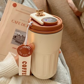 Resim 1 adet paslanmaz çelik termos kahve bardağı, sıcaklık göstergeli, 15.5 oz kapasiteli, çok amaçlı seyahat kupası, el ile yıkanır, yeniden kullanılabilir taşınabilir içecek kabı, düğme pil dahil - Noel, Cadılar Bayramı ve Sevgililer Günü hediyesi için mükemmel 