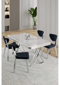 Resim Raja Serisi 80x130 Lak Panel Beyaz Mermer Desen Masa Takımı Krom Ayaklı 4 Sandalye Beyaz Mermer Masa Antrasit Sandalye 