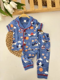 Resim Erkek Bebek Mavi Kayık Desenli Pijama Takımı 