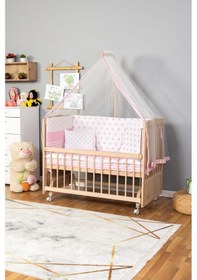 Resim Ahşap Beşik Anne Yanı Beşik Organik Boyasız 60x120-pembe Yıldız Tek Yastık Uykuseti Yatak+tekerlek Ahşap 