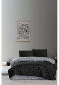 Resim Firuze Çift Taraflı Çizgili Saten Nevresim Takımı Siyah Gri Siyah - Gri 