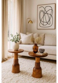 Resim Doğal Masif Ahşap Yan Sehpa Seti 2 Li Meşe Renk Modern Zigon Fiskos - Coffee Table Meşe 