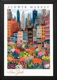 Resim New York Flower Market Print - NYC Skyline Cityscape Botanical Art - With Hanger - White / 8,3 x 11,7" (21x30) 