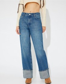Resim Koton Koton X Zeynep Bastık - Katlama Paça Detaylı Düz Paça Kot Pantolon - Longer Straight Jeans Orta İndigo 5wal40213md İndigo 