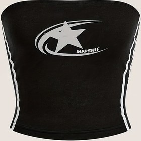 Resim Tüm Mevsimler İçin Moda Sleeveless Gömlek, Polyester Knit Kumaş, Yan Çizgili, Strapless Crop Üst, Kadın Yıldız Desenli Tüp Üst 