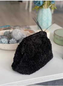 Resim Black İce Ateiler El Yapımı Siyah Renk Kahverengi Leopar Astarlı Teddy Yün Örgü El Çantası Siyah 