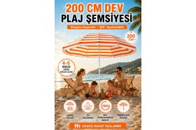 Resim Avcıoğlu 200 cm Turuncu-Beyaz Plaj Şemsiyesi Fiberglass Gövdeli Rüzgara Dayanıklı Bahçe Balkon Kamp Plaj Şemsiyesi 
