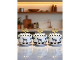 Resim Özbience Zebra Desenli 3'lü Kahvaltılık Saklama Kabı Seti, Baharat ve Şekerlik 